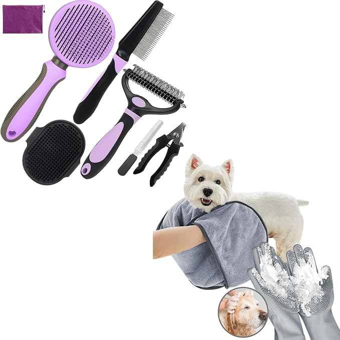 7 PCS Dog Brush for Shedding and Dog Washing Gloves - Quick Drying Dog Towel,Bath Brush for Long & Short Haired Dogs, Cats Purple Grey