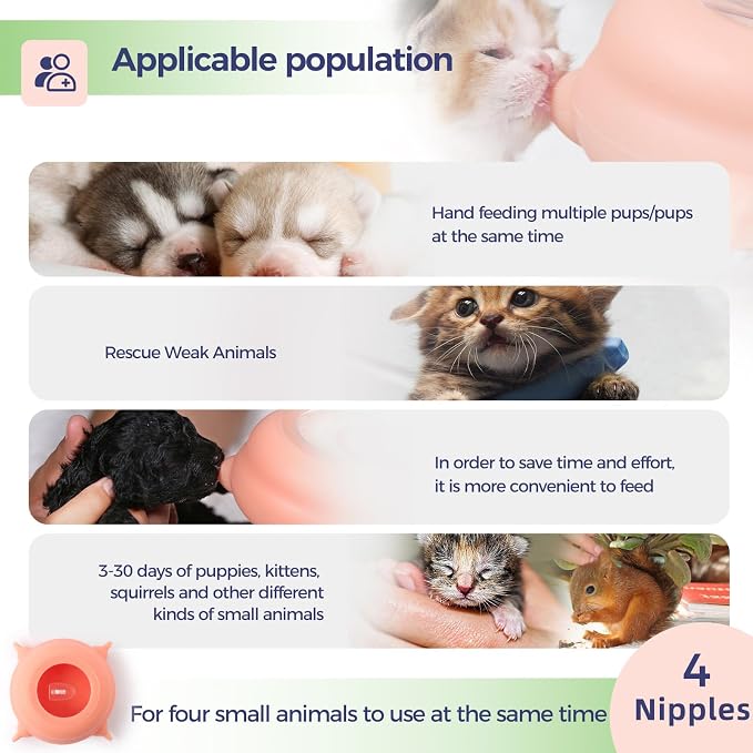 200ml Silicone Multi-Pet Milk Feeder with 4 Nipples(Pink) | Feeds 4 pets at once! Silicone, Stable base, Smooth milk flow. Leak-proof needles seal unused nipples. Includes syringe.