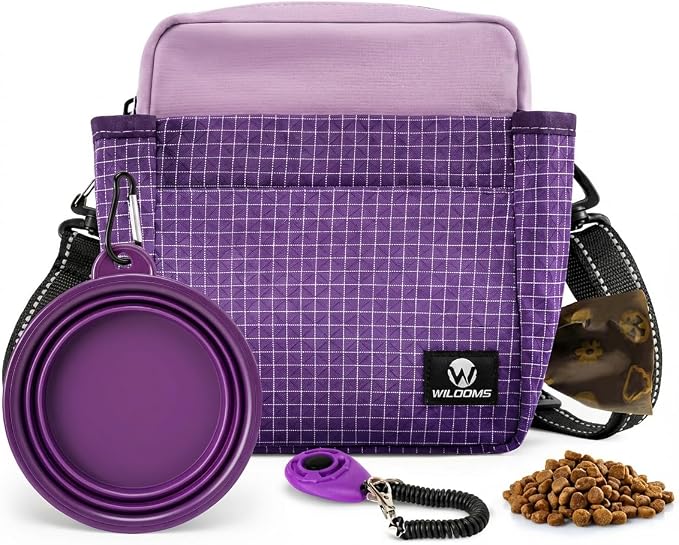 Dog Training Treat Pouch, Magnetic Dog Treat Fanny Pack for Walking, Crossbody Dog Walking Bag with Poop Bag Dispenser, Clicker & Collapsible Bowl - Purple