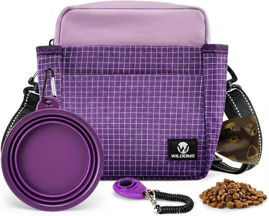 Dog Training Treat Pouch, Magnetic Dog Treat Fanny Pack for Walking, Crossbody Dog Walking Bag with Poop Bag Dispenser, Clicker & Collapsible Bowl - Purple