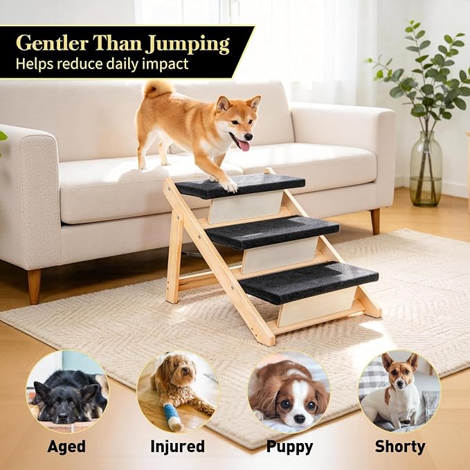 BRIKY 19.5" H Dog Stairs for Small Dogs, Non-Silp Wooden Dog Steps for Bed and Couch, Foldable 3-Step Pet Stairs for Medium Dogs and Old Cats, No Assembly Required