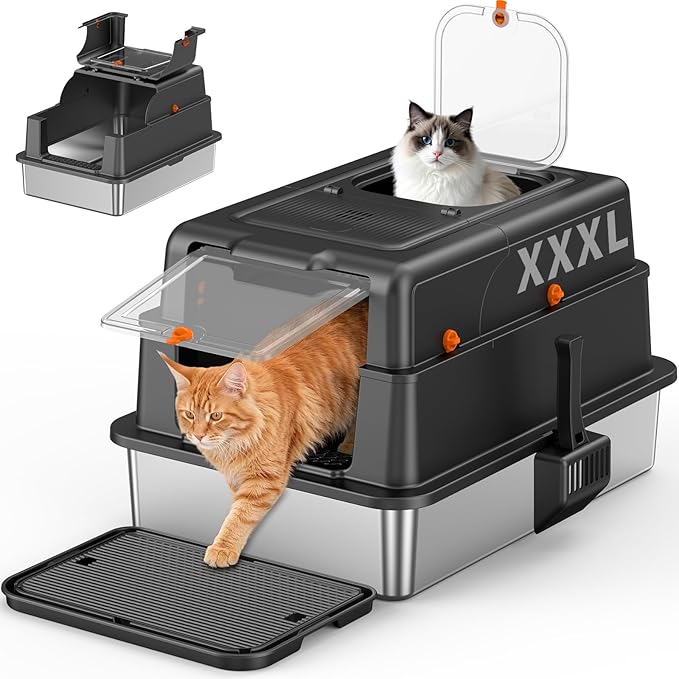 XXXL Stainless Steel Cat Litter Box – Extra Large Open High-Sided Metal Litter Tray, Top Entry Design, Removable Deep Pan for Easy Cleaning, Non-Stick, Anti-Leakage, Black