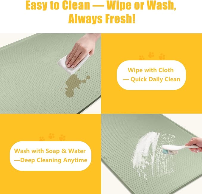 Lorvain 45" x 30" Cat Food Mat, Extra Large Silicone Pet Feeding Mat with Raised Edges, Pet Placemat for Cat Dog Food and Water Bowl Waterproof, Non-Slip, Easy to Clean, Floor Protection, Green