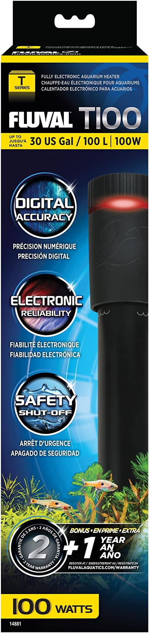 Fluval T100 Fully Electronic Heater for Freshwater Aquariums up to 30 Gal.