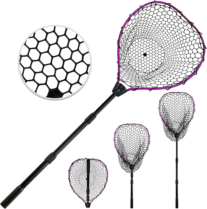 Telescoping Metal Lock Fishing Net with Handle Red Green 64" 52" Rubber Fish Net - Adjustable Length Lightweight Foldable Large Big Collapsible Extendable Fishing Net