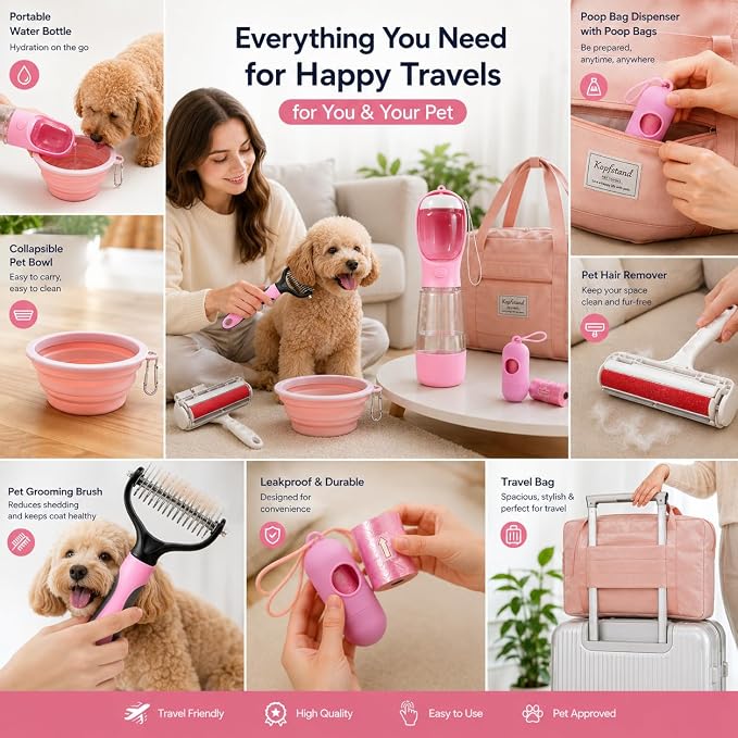 PawKit- All-in-one Dog Travel and Grooming Kit:- Deshedding Rake, Portable Water Bottle Feeder, Pet Hair Lint Roller, Collapsible Bowl, Poop Bag Dispenser, and a Travel Storage Bag. (Pink)