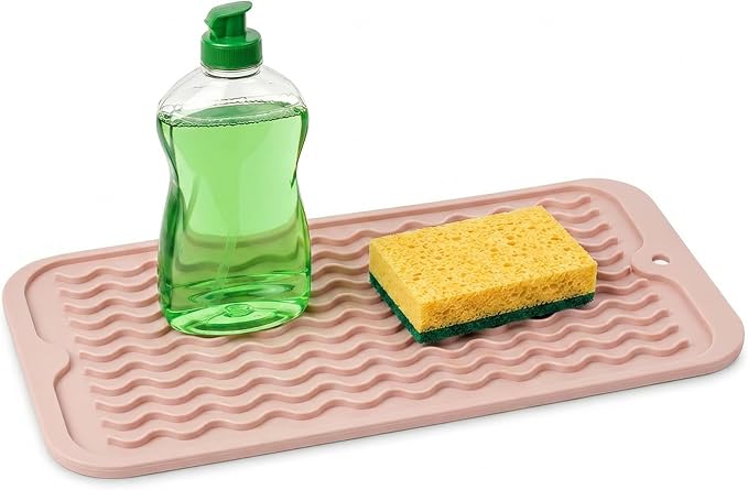 ZLR Silicone Sink Caddy Tray (6" x 12" / 153 x 305mm) - Narrow Sponge Holder for Kitchen Counter - Waterproof Dish Drying Mat, Non-Slip Soap Dispenser Mat & Bathroom Vanity Organizer (Peach Pink)