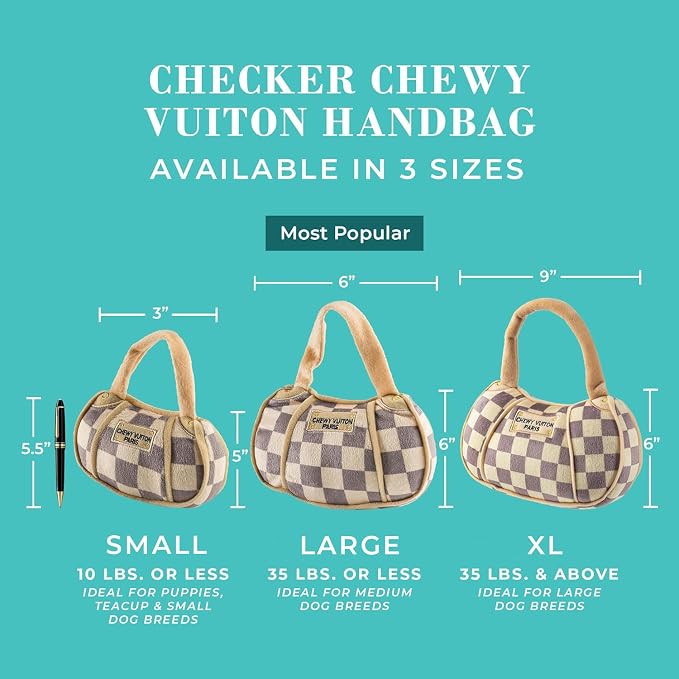 Haute Diggity Dog Chewy Vuiton Handbag Plush Squeaky Dog Toy, Soft Durable Designer-Inspired Stuffed Puppy Chew Toys for Small & Medium Dogs, Machine-Washable (Tan Checker) Small