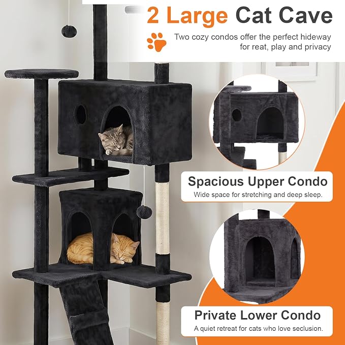 FDW | 70" Cat Tree Tower | Dark Gray | Multi-Level Indoor Activity Center with Sisal Scratching Posts, Condos, Plush Perches, Hanging Cat Toys | Sturdy, Easy to Assemble | for Kittens & Adult Cats