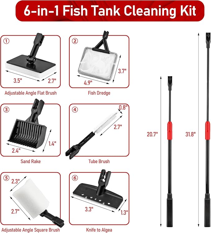 6-in-1 Aquarium Cleaning Tool Aquarium Algae Scraper for Fish Tank Including Fish Brush Sand Rake Pad Sponge Telescopic Handle Multi-Usage Aquariums Glass Cleaner Set for Slatwater Freshwater
