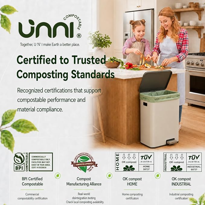 UNNI Compostable Trash Bags, 8 Gallon / 30 Liter, 50 Count, Extra Thick 0.85 mil Medium Kitchen Food Scrap Bin Liners, Certified by BPI, CMA & OK compost HOME, Meets the ASTM D6400 Standard
