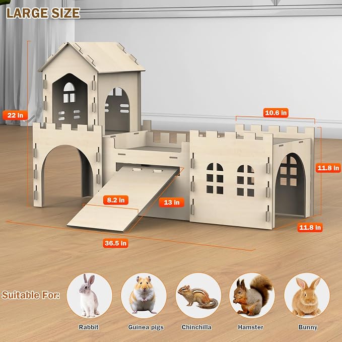 Large Bunny Castle for Rabbits, Wooden Dual-Layer Rabbit House with Stair, Rubber Band-Free Setup - Chew-Proof, Sturdy Habitat for Guinea Pig Chinchilla Ferret (Rabbit House)