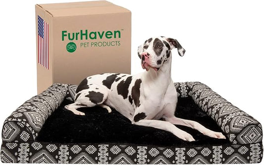 FurHaven Supportive Cooling Memory Foam Sofa Dog Bed with Washable & Removable Cover - Plush/Woven - Black Medallion, Dogs Dogs Up to 125 lbs - Jumbo Plus XXL