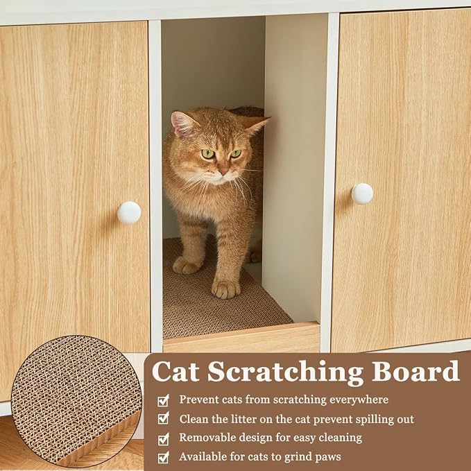 Litter Box Enclosure for 2 Cats, 43" Hidden Cat Litter Box Furniture Cabinet with Scratching Pad and Double Room, Cat House Washroom, Side End Table Modern, Wood