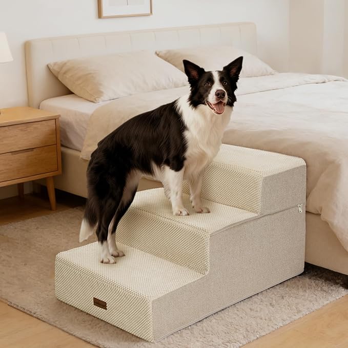 AODISMAN Dog Stairs for Large Dogs 18" H, Extra Wide Dog Steps for High Beds & Couches, 20" Wide Deep Steps, Non-Slip Dogs Ramp, 3-Step Pet Stairs, Beige