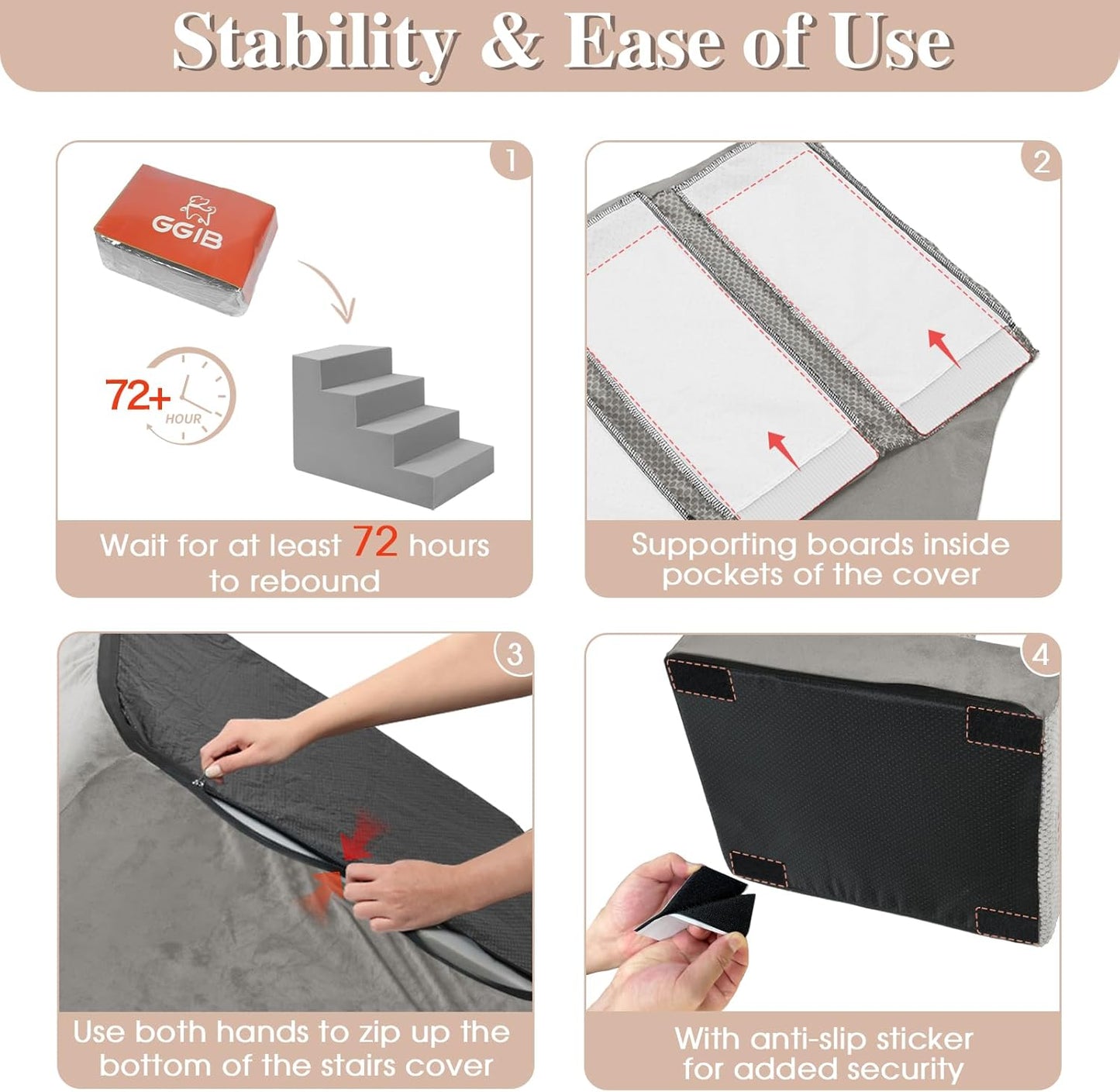 GGIB Dog Stairs for Small Dogs Cats Non-Slip Dog Steps for High Bed Pet Stairs for Sofa Couch Pet Ramp Pet Steps with Removable Washable Cover, Light Grey, 22" H, 5-Step