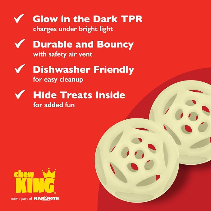 Chew King by Mammoth Glow-in-the-Dark Dog Fetch Balls (2-Pack), Lattice Rubber Fetch Toys for Night Play, High Bounce, Rechargeable Under Any Light, Large 4.5"