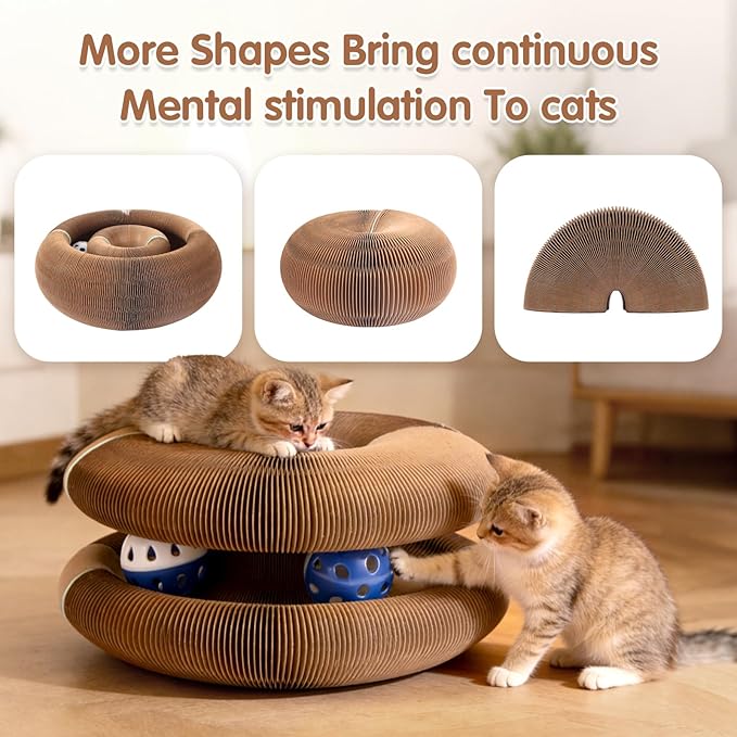 Extensible Cat Scratcher Cardboard Toy | Magic Accordion Scratching Pad with Bell Ball - Foldable & Reversible Interactive Kitty Play for Indoor Cats (2 Pack)