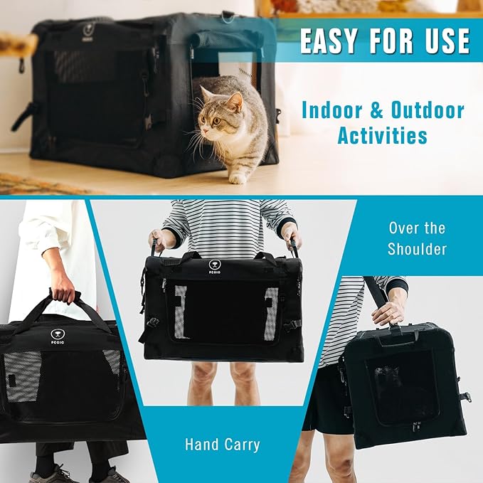 PEGIC Extra Large Cat Carrier, Black | Soft Sided Collapsible, For 2 Kittens or Large Cat, Up to 50lbs, Car Travel, Indoor and Outdoor Uses