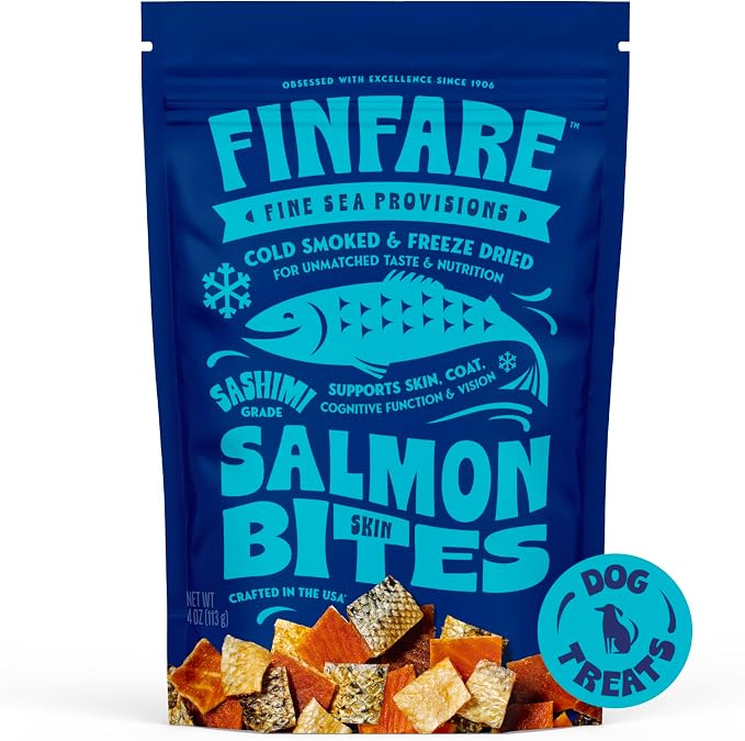 Finfare Freeze Dried Salmon Skin Treats for Dogs, Protein & Omega-3s, Grain Free Salmon Dog Training Treats, Crafted in USA, Bites - 4oz