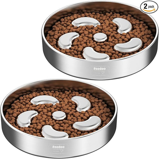 Slow Feeder Dog Bowl-2Cups for Medium Breeds, Double-Layer Stainless Steel, Heavy-Duty with Non-Slip Rubber Base, Puzzle Maze Bowl to Slow Down Eating [2Pack]