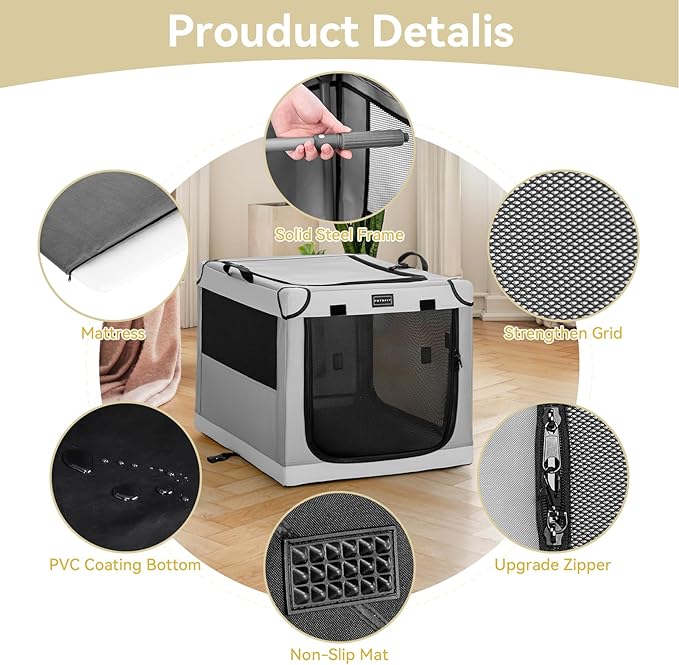 PETSFIT Portable Dog Crate for Small Dogs, – 24" Soft Dog Travel Crates with Lockable Zippers & Thicken Mat, Adjustable Patented Spiral Steel Frame, Collapsible Kennel for Indoor & Outdoor