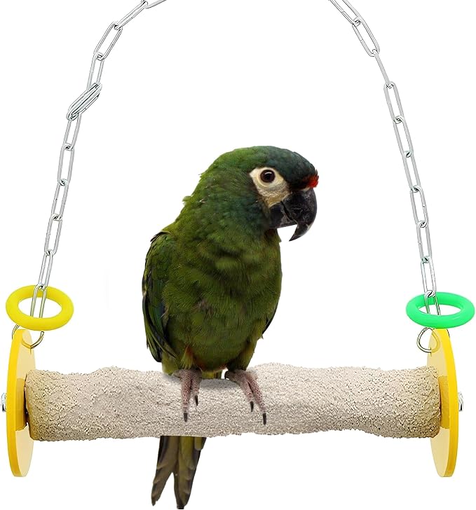 Sweet Feet and Beak Roll Bird Swing - Pumice Perch Bird Toys Trims Nails and Beaks, Safe Bird Cage Accessories for Small and Large Birds, Swinging Toys Birds Will Love, Large 10.5 Inches - Yellow