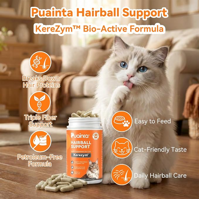 PUAINTA Cat Hairball Control – Alternative to Hairball Gel & Paste, Hairball Remedy for Cats, No Mineral Oil, Easy Capsule Supplement for Hairball Relief, Reduce Shedding, Skin & Coat (90 Count)