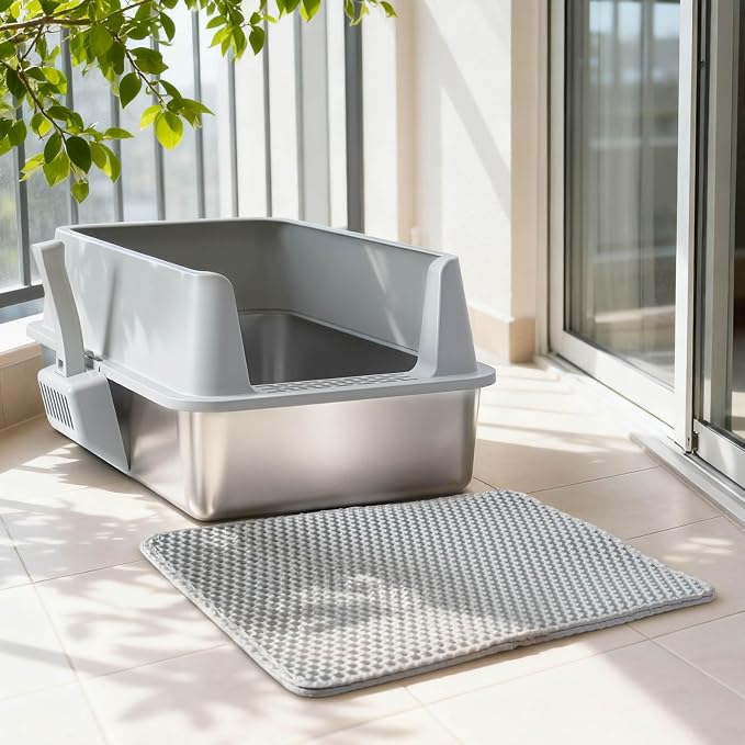 Stainless Steel Cat Litter Box with Lid Large to XL,Metal Litter Box High Sides for Big/Multiple Cats,Open Design,Indoor,1-Mat and 1-Scoop,Easy to Clean, No Odor,Anti-Urine Leakage