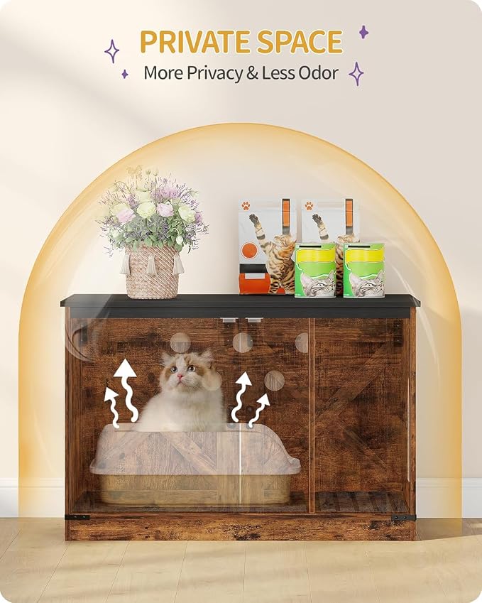 Hzuaneri Cat Litter Box Enclosure with Cushion, Hidden Litter Box Furniture with Removable Dividers, Reversible Entrance Left or Right Side, Cat House, Rustic Brown and Black CB84601X