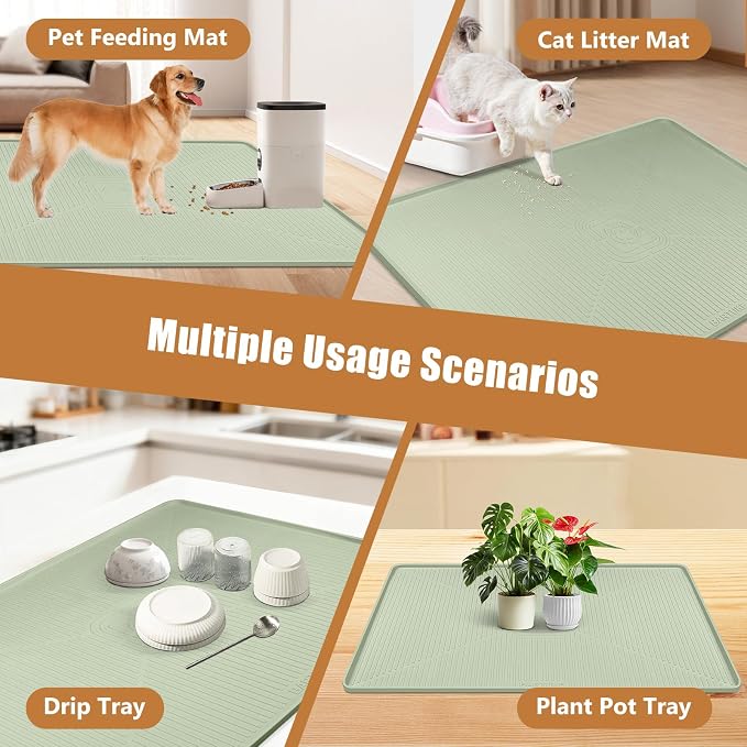 Lorvain Dog Food Mat, 45" x 30" Silicone Pet Feeding Mat with Raised Edges, Extra Large Pet Placemat for Dog Cat Food and Water Bowl Non-Slip, Easy to Clean, Waterproof & Floor Protection, Green