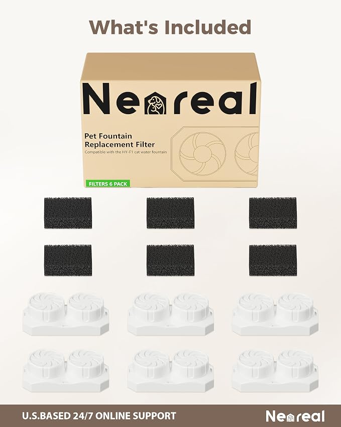 Neareal Official Cat Fountain Replacement Filters & Pre-Filter Sponges for 74oz/2.2L Stainless Steel Pet Water Fountain (6 Pack)