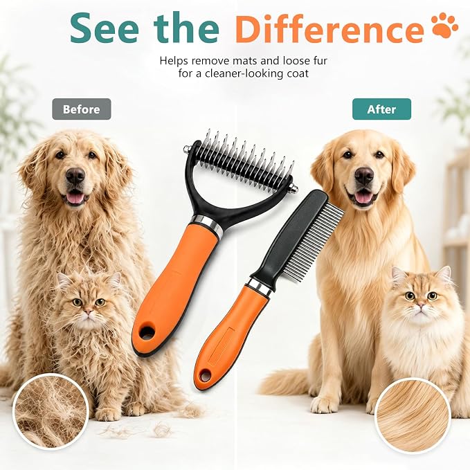 Dog Brush and Cat Deshedding Rake, Pet Grooming Tool for Shedding with Rounded Stainless Steel Teeth, Comfortable Grip for Long or Thick Coats (Orange with Comb)