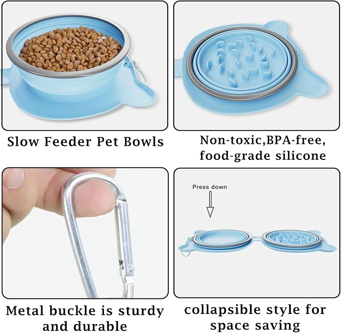 Dog Bowls Pet Collapsible Bowl Slow Feeder Outdoor, Dog Travel Bowls Portable Foldable Cat Water Dish Bowl for Pets Walking Parking Camping (Blue(Two Bowl Slow Feeder))
