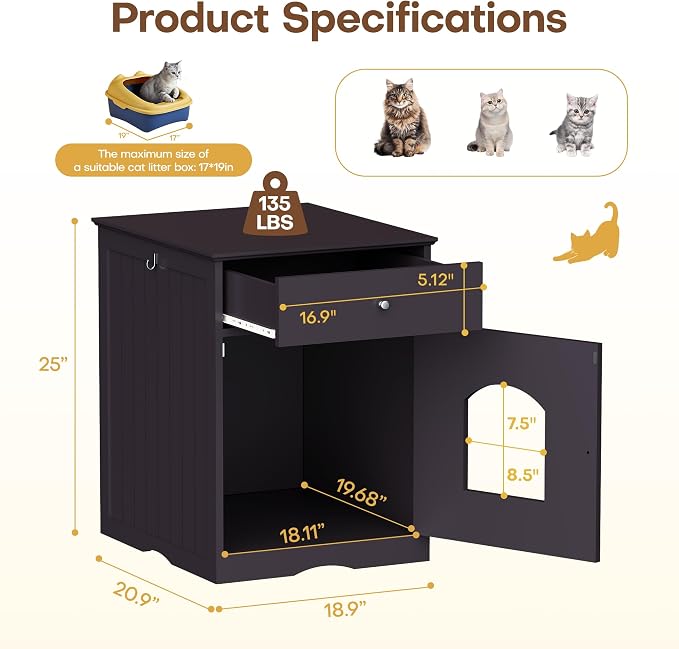 Litter Box Enclosure, Hidden Cat Litter Box Cabinet with Drawer, Wooden Pet Crate, Litter Box Furniture as Cat House, End Table, Fit Most of Litter Box (Brown)