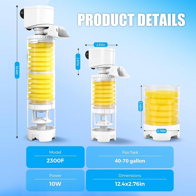 Vehipa Fish Tank Filters, 4-in-1 Aquarium Filter for Multi-Layer Filtration, Adjustable Oxygenation & Wavemaker, Ultra-Quiet Water Circulation for 40-70 Gallon Aquariums, 225GPH