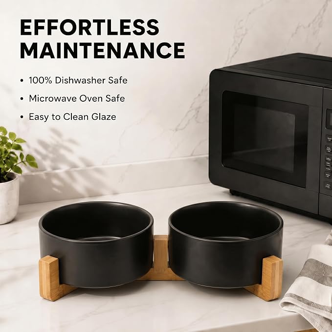 SPUNKYJUNKY Ceramic Dog and Cat Bowl Set with Wooden Stand, Modern Cute Weighted Food Water Set for Small Size Dogs (13.5OZ) & Medium Sized Dogs (28.7OZ) & Cats (3.6 Cups, 2 × Black)