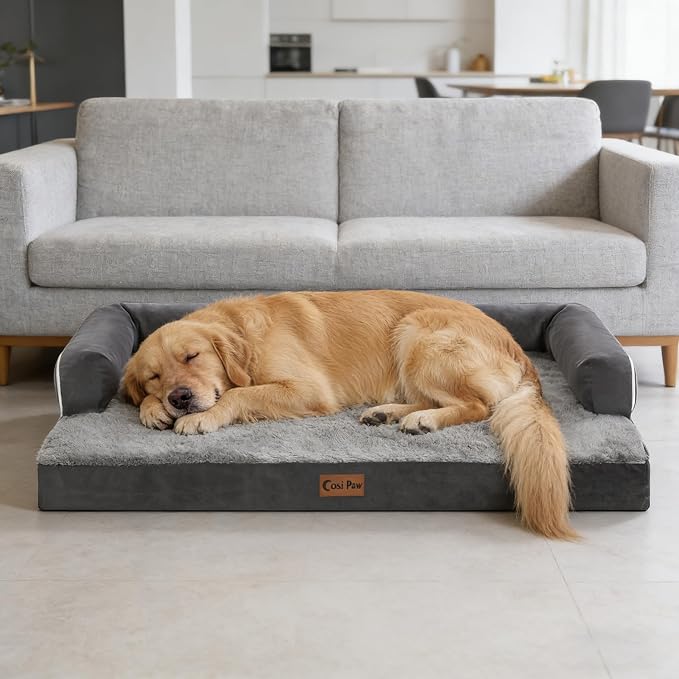 Orthopedic Dog Beds for Large Medium Sized Dogs, Waterproof Egg Crate Foam Large Dog Couch Beds with Comfy Bolster 36x27Inch, Washable Pet Beds with Removable Cover, Dark Grey