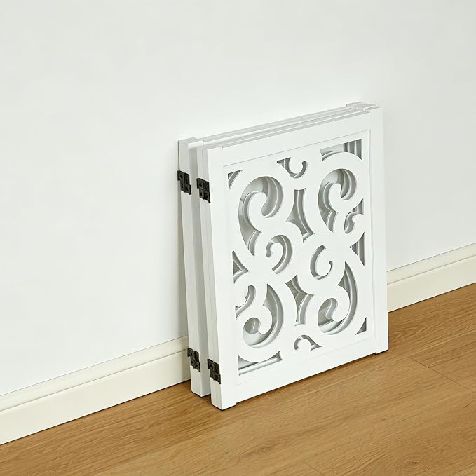 Ashfield & Harkness: 4-Panel Pet Gate - Scroll White - Wooden Foldable Freestanding Dog Fence, 80 x 23.5, Doorways-Halls-Stairs, 360 Rotated Hinges