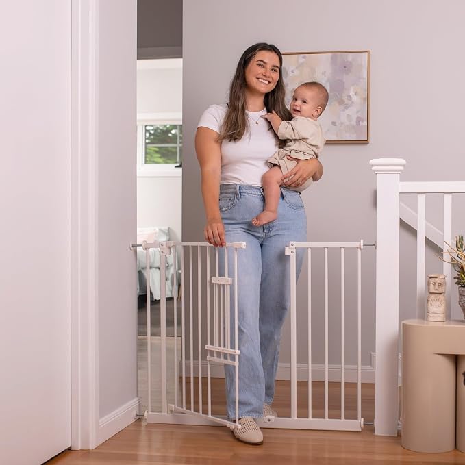 Perma Child Safety 30-inch Tall Extra Wide Metal Baby Gate with Small Pet Door, Easy Fit, Pressure Mounted Fits Openings up to 44-inches, Includes 4-inch and 8-inch Extensions