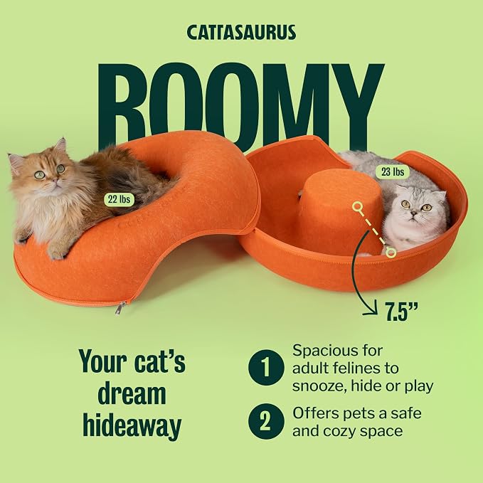 Cattasaurus Peekaboo Cat Cave Donut for Multiple & Large Cats up to 30-45 lbs, 3-in-1 Self Warming Cat Bed, Tunnel & Scratcher for Indoor Cats, Washable & Detachable Small Dog Bed (Orange, Large)