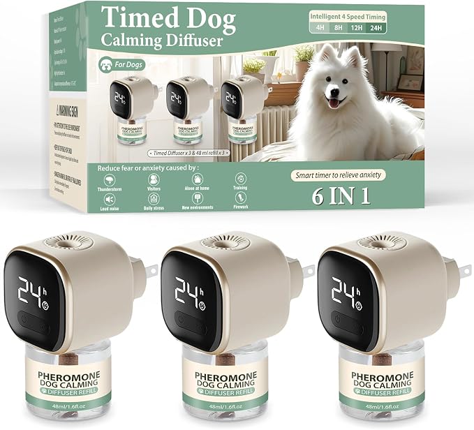 SHANDR Dog Calming Pheromones Diffuser 6 in 1 Appeasing Relaxing Diffuser with Timing Function Pet Kit (3 Plug in +3 Refill 48ml) for Anxiety Relief Reduce Aggression Barking Fighting Stress (Mint)