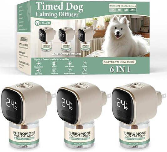 SHANDR Dog Calming Pheromones Diffuser 6 in 1 Appeasing Relaxing Diffuser with Timing Function Pet Kit (3 Plug in +3 Refill 48ml) for Anxiety Relief Reduce Aggression Barking Fighting Stress (Mint)