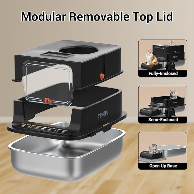 Stainless Steel Cat Litter Box with Lid, Extra Large Cat Litter Box for Large Cats, Metal Litter Boxs with High Sided Enclosed and Scoop, Easy to Clean, Top Entry, Odor Control, Black