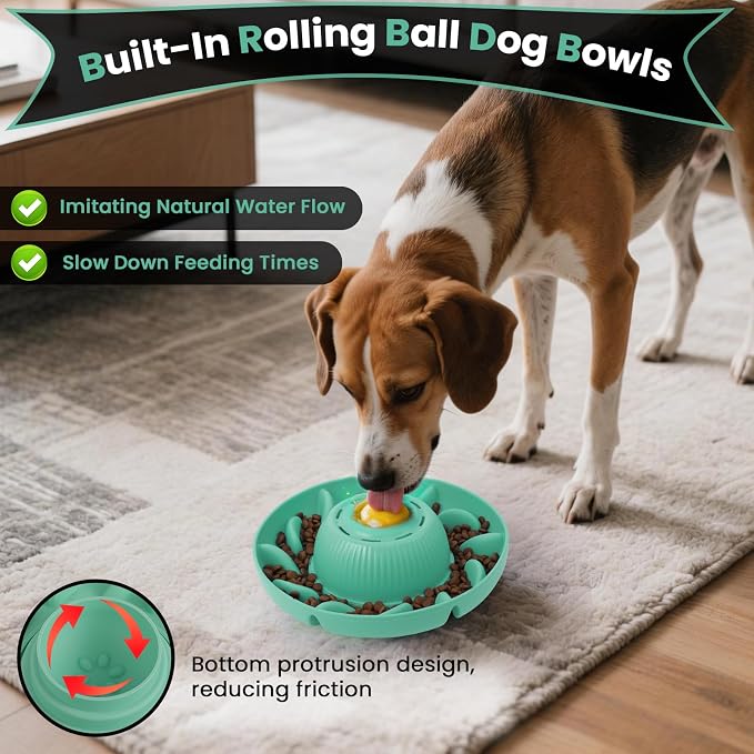 PUPPYGANG 2-in-1 Slow Feeder Dog Bowl for Large Dogs — Silicone Dry Food Maze & Wet Food Lick Ball with Suction Cup, Interactive Puzzle Feeder, Non-Slip & Detachable, Easy to Clean (Green)