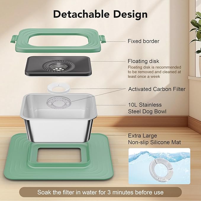 Decflow 10L Stainless Steel Dog Water Bowl, No Spill Anti-Splash Dog Bowls with XXL Silicone Mat, Spill-Proof Slow Feeder for Messy Drinkers, Heavy Duty Pet Bowls for Indoor/Outdoor Use Green