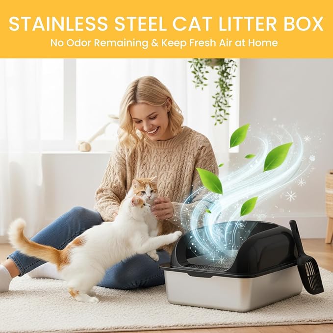 Simple Deluxe XL Stainless Steel Cat Litter Box with Lid, High Sided Metal Litter Pan for Large Cats, Urine-Proof Non-Stick & Easy to Clean, Black