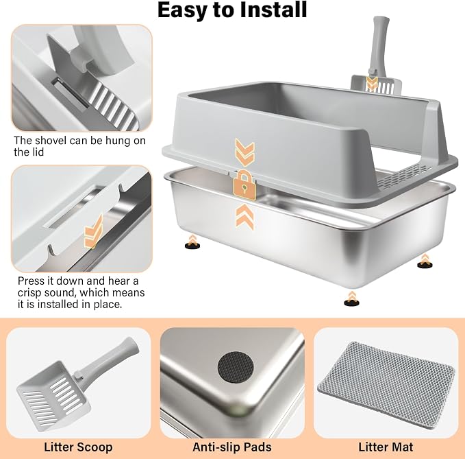 Stainless Steel Cat Litter Box with Lid, Large Metal Litter Box Stainless Steel with Mat & Scoop, Odor-Free/Anti-Leakage & Non-Stick/Easy Clean, High-Sided Litter Box for Multiple Big Cats(XL/Grey)