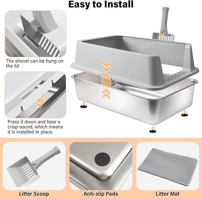 Stainless Steel Cat Litter Box with Lid, 2 Pack XL Metal Litter Box Stainless Steel with Mat & Scoop, Odor-Free/Anti-Leakage & Non-Stick, High-Sided Litter Box for Multiple Big Cats(XL/Grey)
