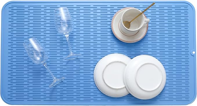 MicoYang Silicone Dish Drying Mat for Multiple Usage,Easy clean,Eco-friendly,Heat-resistant Silicone Mat for Kitchen Counter or Sink,Refrigerator or Drawer Liner Lichen BlueL 4XL 32 inches x 18 inches